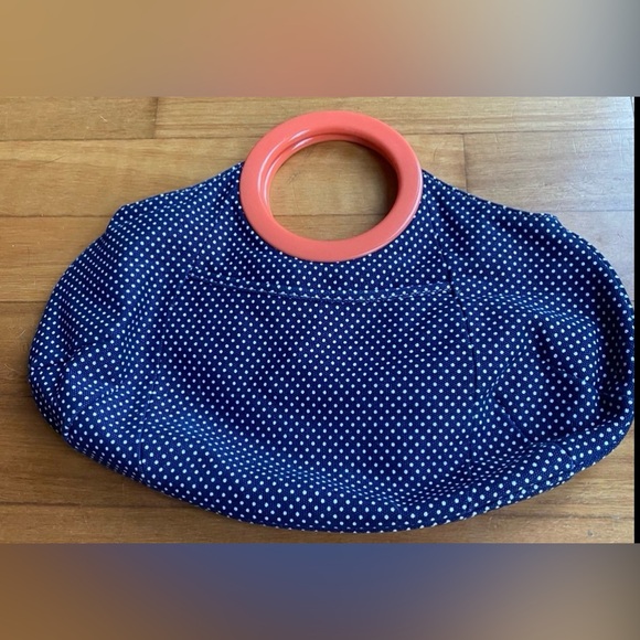 J. Crew Handbags - J.Crew Purse bag, cotton canvas navy-Royal & white pin dot Coral acrylic handles